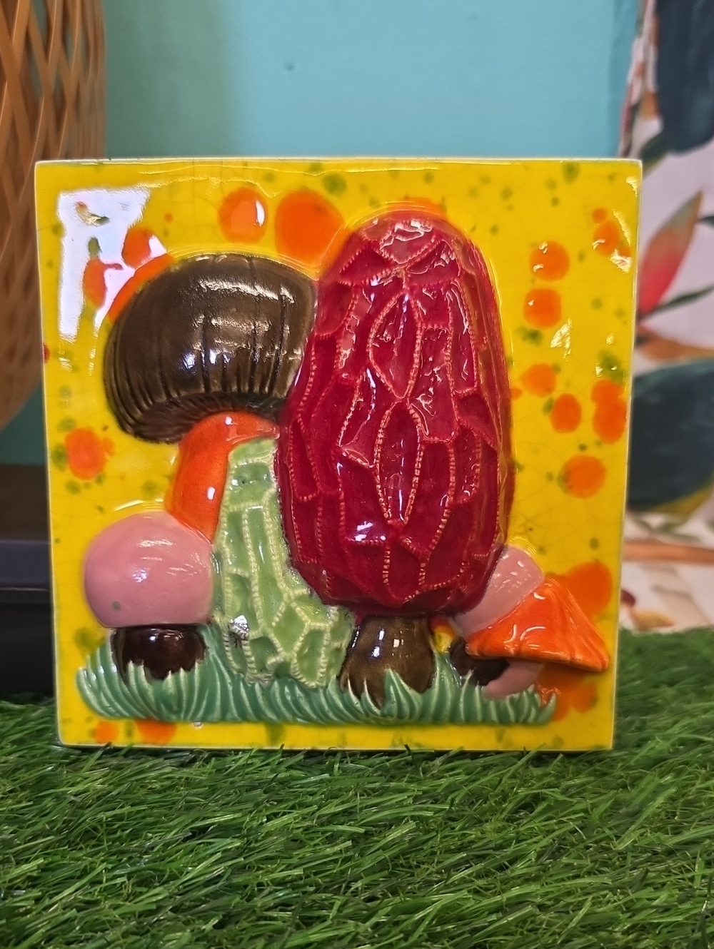 Decorative Ceramic Mushroom Wall Tile - Yellow Background